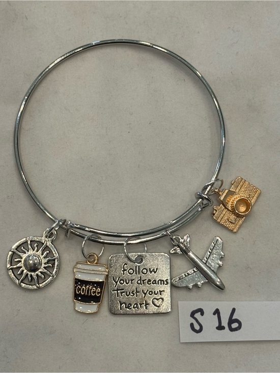 Hand Crafted Jewelry - S16 Adventure Travel Coffee Camera Journey Charm Bangle Bracelet
